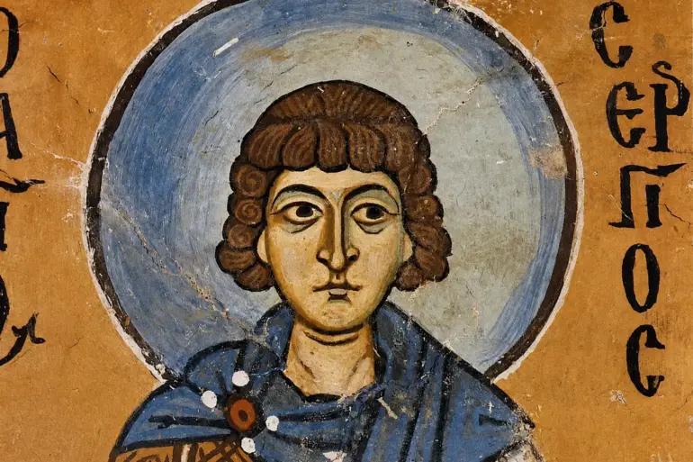 Close-Up Face Of Saint Sergius Fresco Showing Curly Hair And Blue Halo
