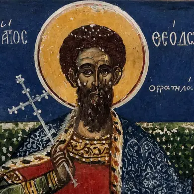 Saint Theodore Stratelates Fresco Bust Detail Showing Stark Linear Highlights.