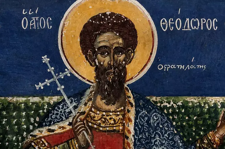Saint Theodore Stratelates Fresco Bust Detail Showing Stark Linear Highlights.