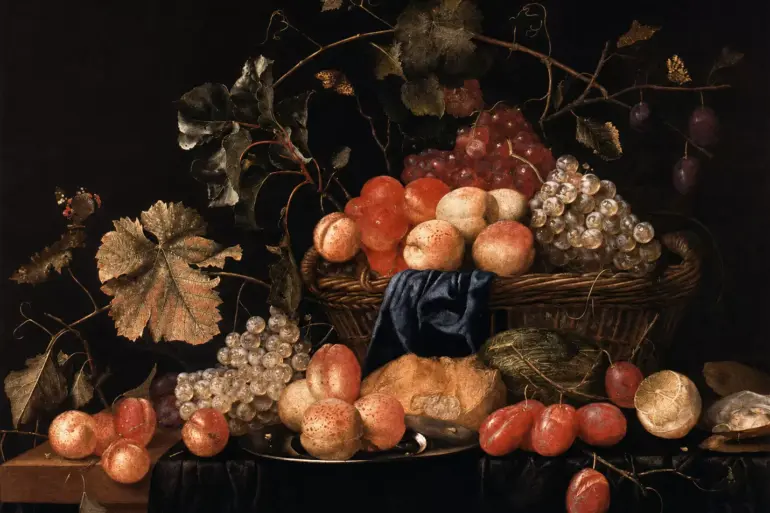 Theodoor Aenvanck Fruit Still Life With Grapes, Peaches And A Woven Basket