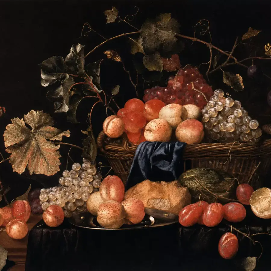 Theodoor Aenvanck Fruit Still Life With Grapes, Peaches And A Woven Basket