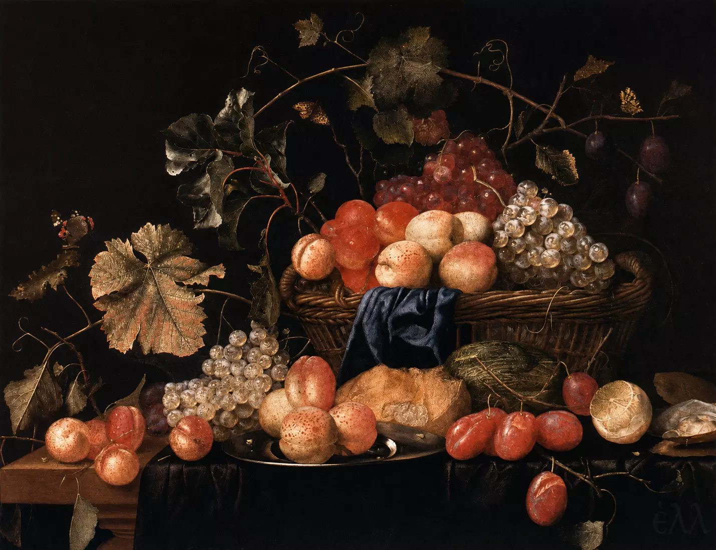 Theodoor Aenvanck Fruit Still Life With Grapes, Peaches And A Woven Basket