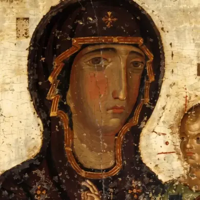 Theotokos Hodegetria Icon Of Panagia Arakiotissa Holding Christ Against A Gold Ground - Face Detail