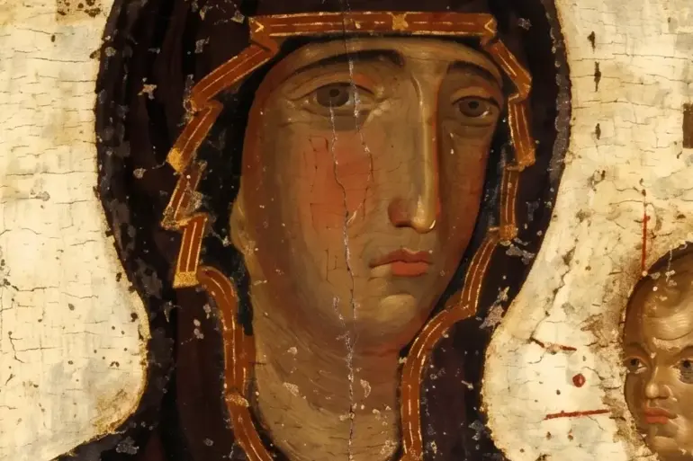 Theotokos Hodegetria Icon Of Panagia Arakiotissa Holding Christ Against A Gold Ground - Face Detail