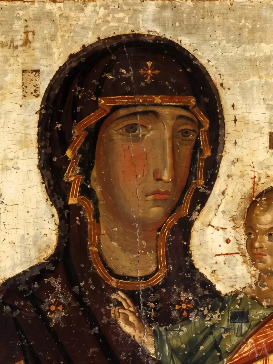 Theotokos Hodegetria Icon Of Panagia Arakiotissa Holding Christ Against A Gold Ground - Face Detail