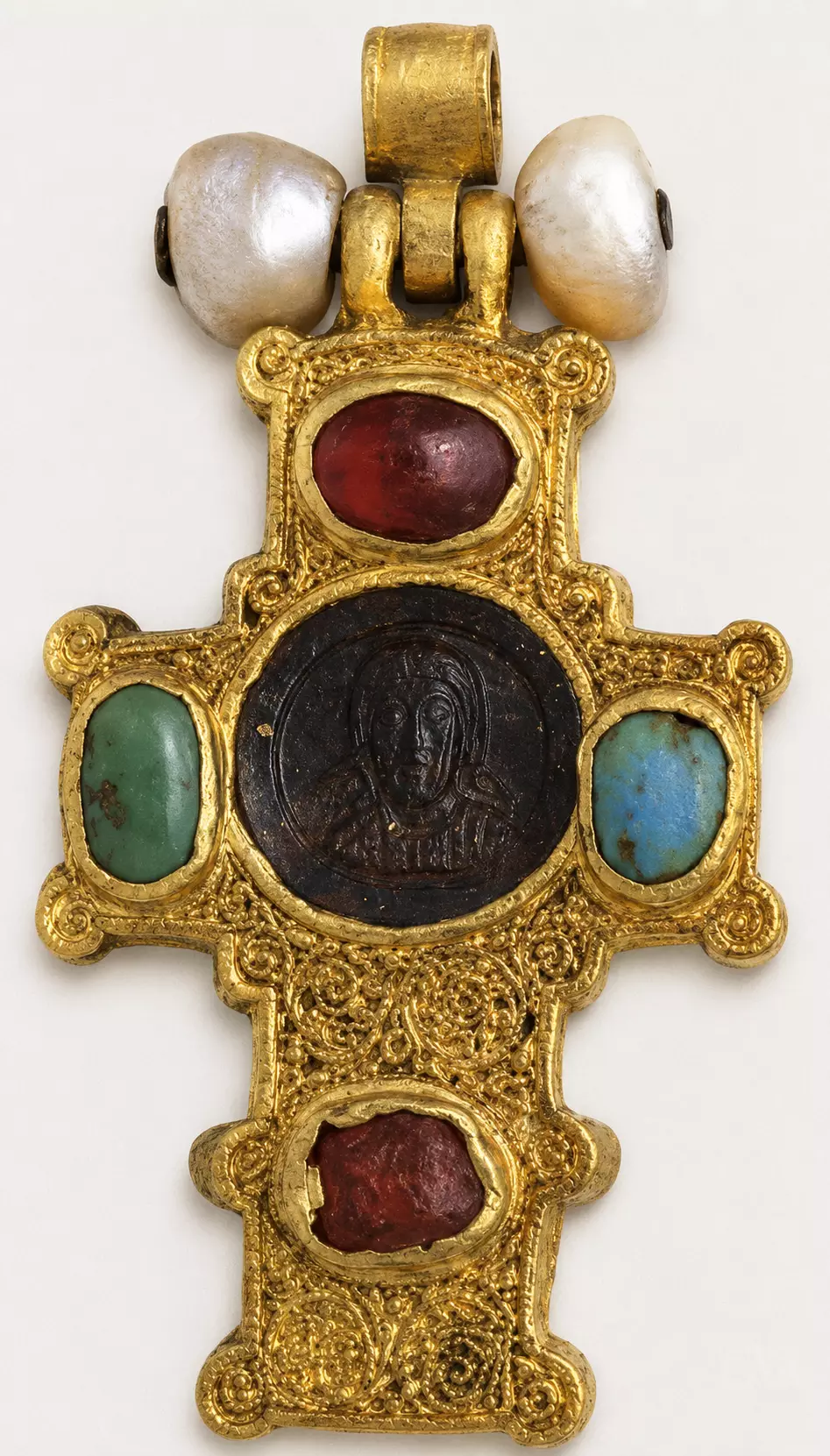 Vatopedi Pectoral Cross With A Dark Jasper Cameo Of Christ, Pearls And Gemstones
