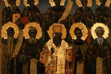 Ícone dos Santos Vatopedi com Dez Monges, um Hierarca Central e a Theotokos acima