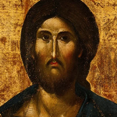 Dettaglio Del Volto Del Cristo Pantocratore In Un'Icona Bizantina Del Xiv Secolo
