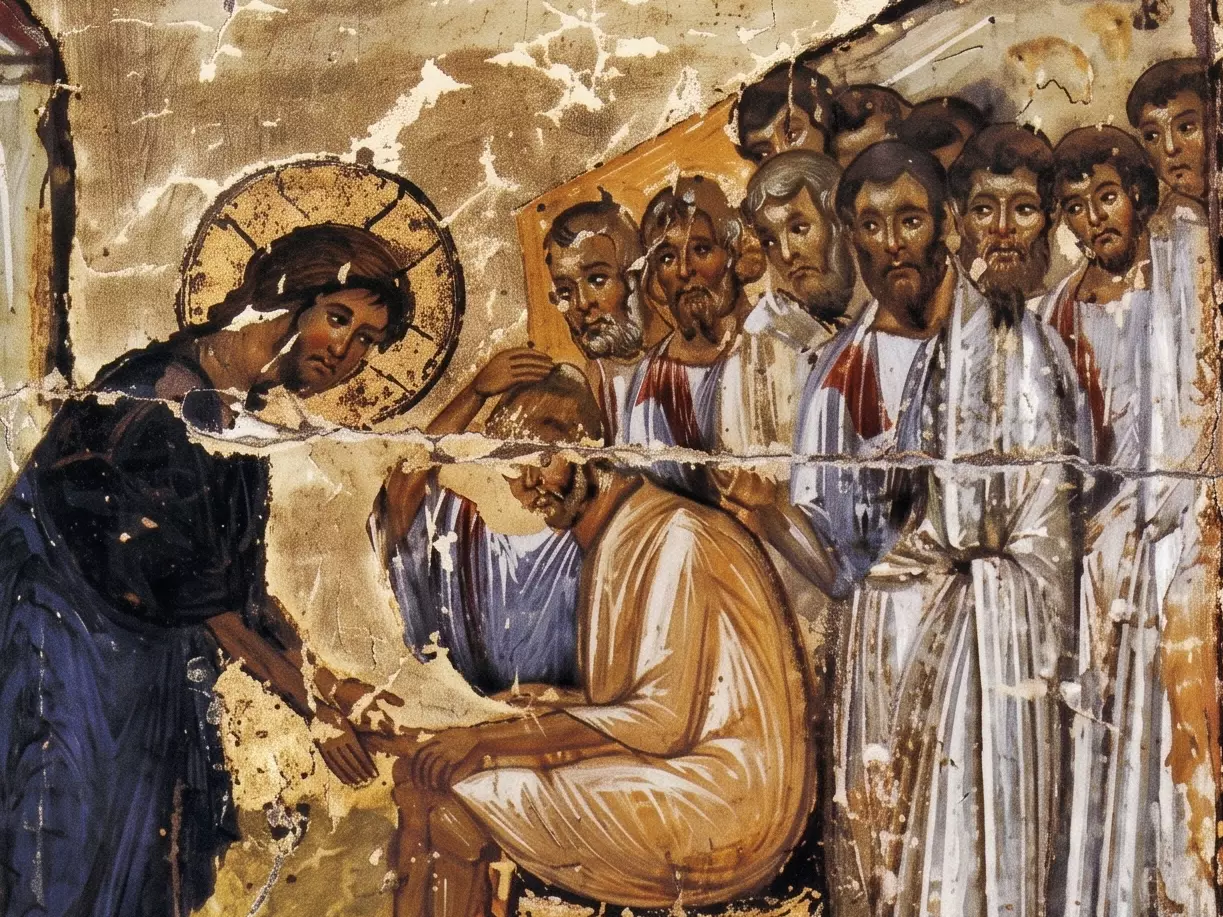 Washing Of The Feet Sinai Icon Detail Showing Peter’s Raised Hand, Christ’s Bowed Figure, And The Apostles