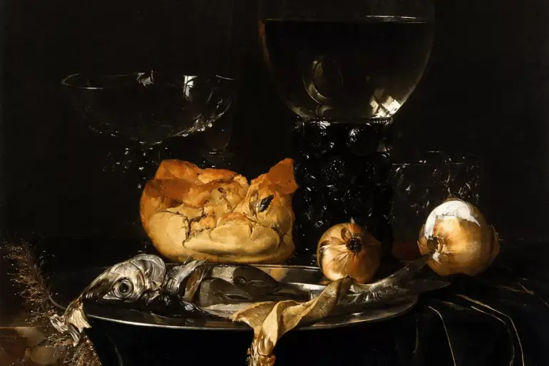 Willem Van Aelst Breakfast Piece Depicting A Silver Plate With Fish, Bread, Onions, And Glassware On A Velvet Cloth.