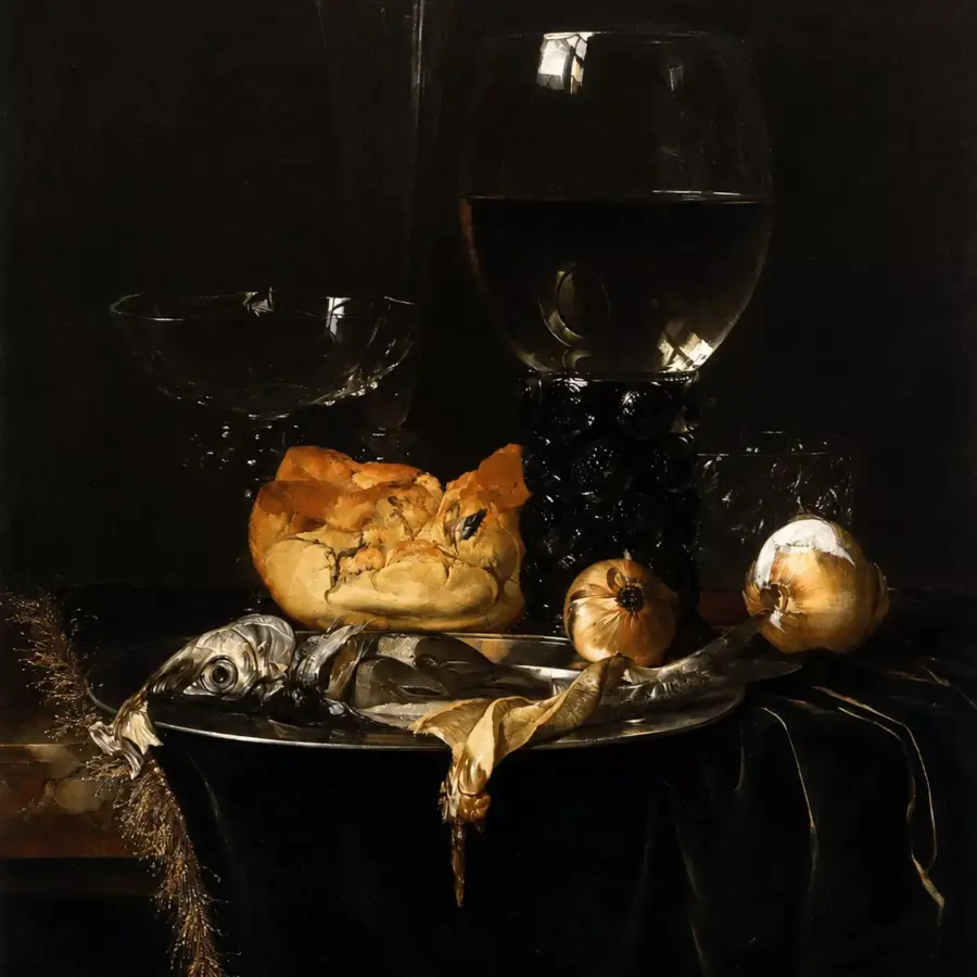 Willem Van Aelst Breakfast Piece Depicting A Silver Plate With Fish, Bread, Onions, And Glassware On A Velvet Cloth.