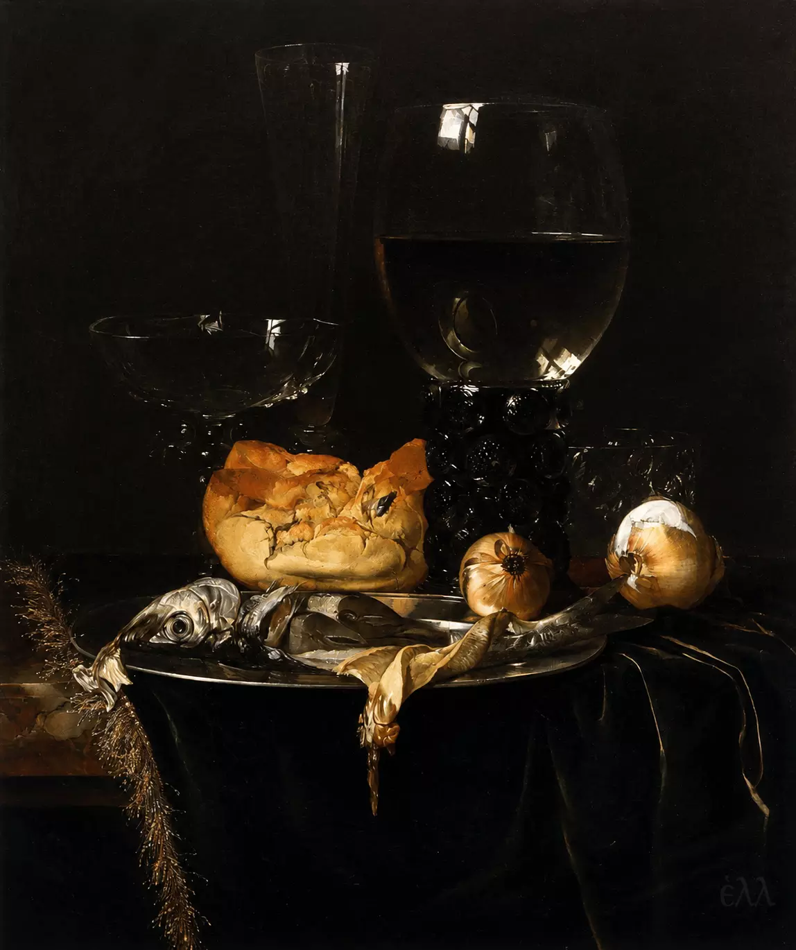 Willem Van Aelst Breakfast Piece Depicting A Silver Plate With Fish, Bread, Onions, And Glassware On A Velvet Cloth.
