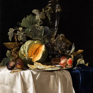 Still-Life With Fruit And Crystal Vase By Willem Van Aelst, With Cut Melon And Glass.