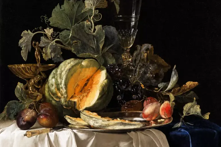 Still-Life With Fruit And Crystal Vase By Willem Van Aelst, With Cut Melon And Glass.