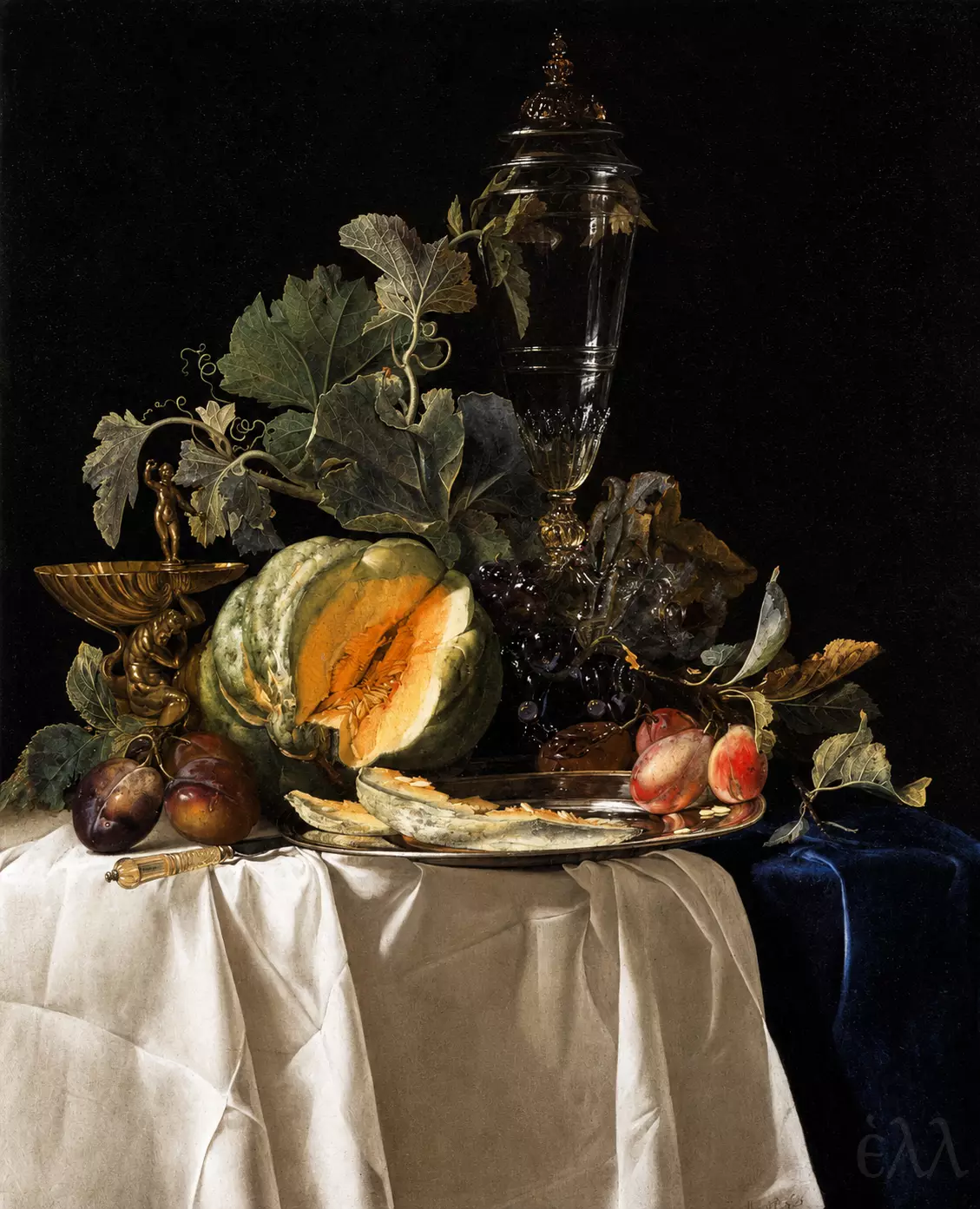Still-Life With Fruit And Crystal Vase By Willem Van Aelst, With Cut Melon And Glass.