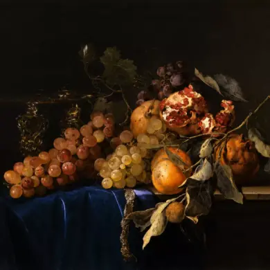 Willem Van Aelst Still Life With Grapes, Pomegranate, Crystal Vase And Blue Cloth
