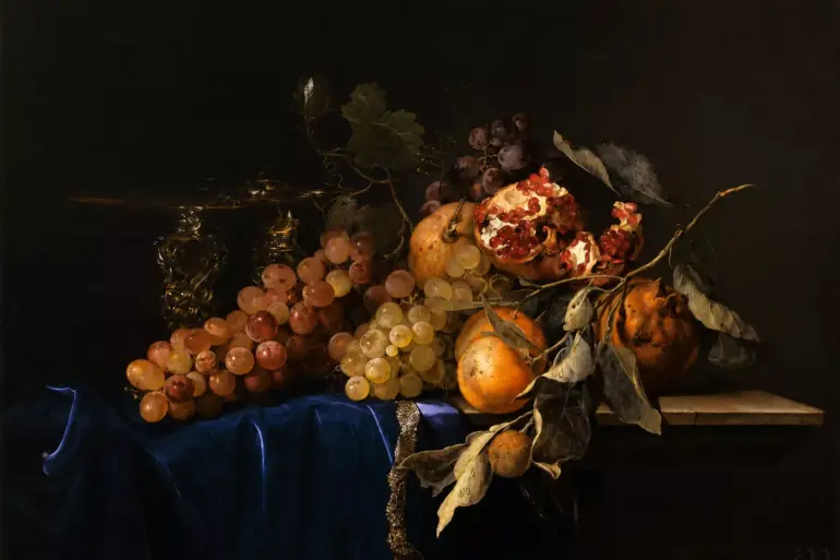 Willem Van Aelst Still Life With Grapes, Pomegranate, Crystal Vase And Blue Cloth