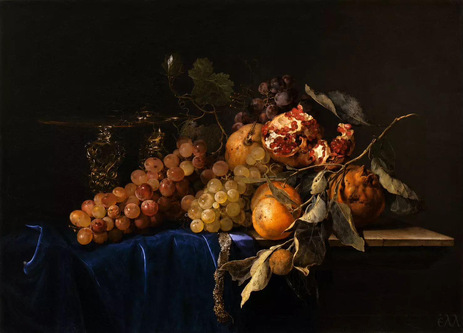 Willem Van Aelst Still Life With Grapes, Pomegranate, Crystal Vase And Blue Cloth