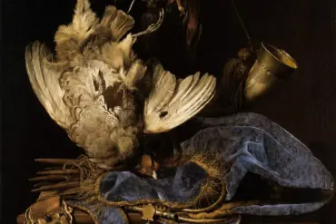 威廉·範·阿爾斯特靜物畫，描繪了狩獵裝備和死鳥，畫中懸掛著一隻鷓鴣、一個藍色天鵝絨小袋和一個狩獵號角。