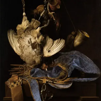 Willem Van Aelst Still-Life With Hunting Equipment And Dead Birds Featuring A Suspended Partridge, Blue Velvet Pouch, And A Hunting Horn.