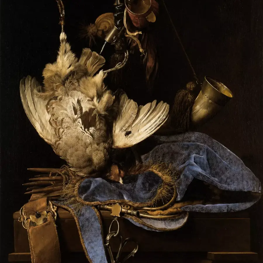 Willem Van Aelst Still-Life With Hunting Equipment And Dead Birds Featuring A Suspended Partridge, Blue Velvet Pouch, And A Hunting Horn.