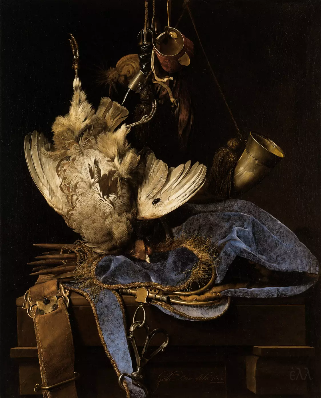 Willem Van Aelst Still-Life With Hunting Equipment And Dead Birds Featuring A Suspended Partridge, Blue Velvet Pouch, And A Hunting Horn.