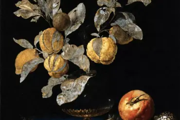 Still-Life With Fruit By Willem Van Aelst With Citrus Branches, Birds And Blue Cloth