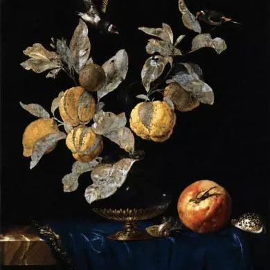 Still-Life With Fruit By Willem Van Aelst With Citrus Branches, Birds And Blue Cloth