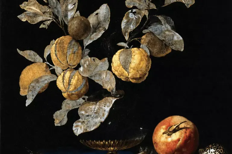 Still-Life With Fruit By Willem Van Aelst With Citrus Branches, Birds And Blue Cloth