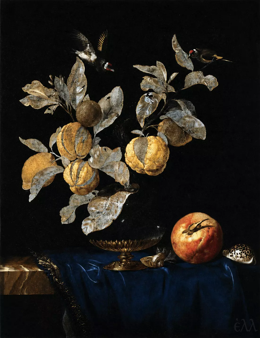 Still-Life With Fruit By Willem Van Aelst With Citrus Branches, Birds And Blue Cloth