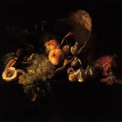 Willem Van Aelst Stillleben mit Früchten, Pfirsichen, Trauben und Feigen, beleuchtet vor dunklem Hintergrund auf einem steinernen Vorsprung.
