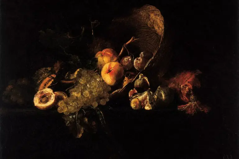 Willem Van Aelst Still-Life With Fruit Featuring Peaches, Grapes, And Figs Illuminated Against A Dark Background On A Stone Ledge.