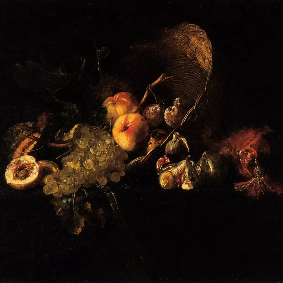 Willem Van Aelst Still-Life With Fruit Featuring Peaches, Grapes, And Figs Illuminated Against A Dark Background On A Stone Ledge.