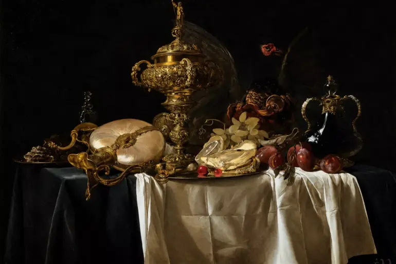 Still-Life With Fruit By Willem Van Aelst With Parrot, Nautilus Pitcher And Vessels