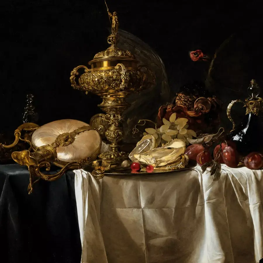 Still-Life With Fruit By Willem Van Aelst With Parrot, Nautilus Pitcher And Vessels