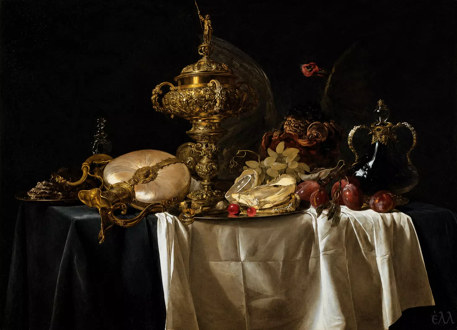 Still-Life With Fruit By Willem Van Aelst With Parrot, Nautilus Pitcher And Vessels