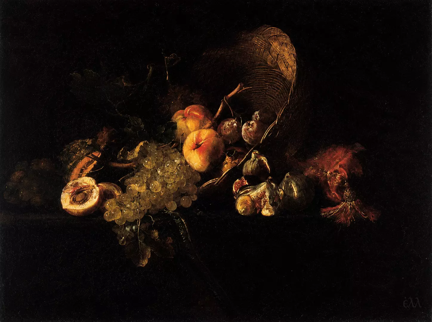 Willem Van Aelst Still-Life With Fruit Featuring Peaches, Grapes, And Figs Illuminated Against A Dark Background On A Stone Ledge.