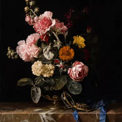 Vase Of Flowers With Pocket Watch By Willem Van Aelst, With Blue Ribbon And Marble Ledge