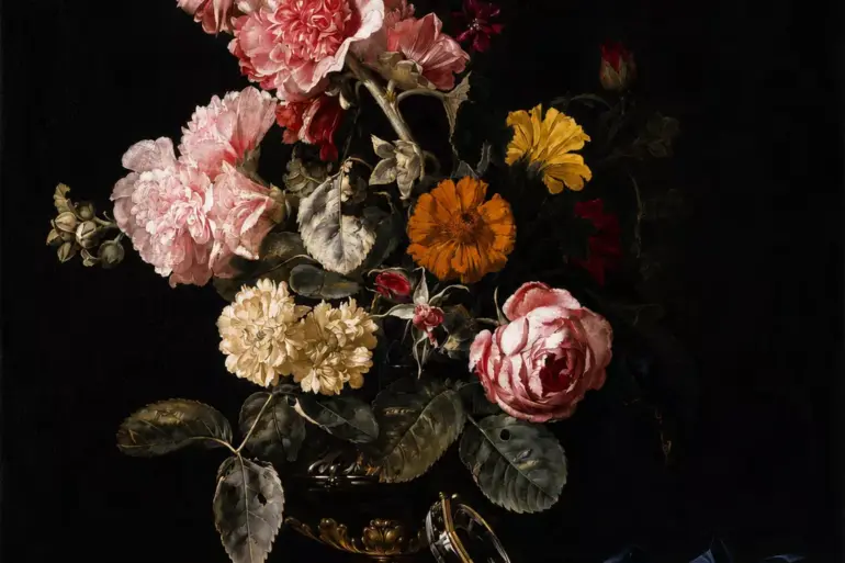 Vase Of Flowers With Pocket Watch By Willem Van Aelst, With Blue Ribbon And Marble Ledge