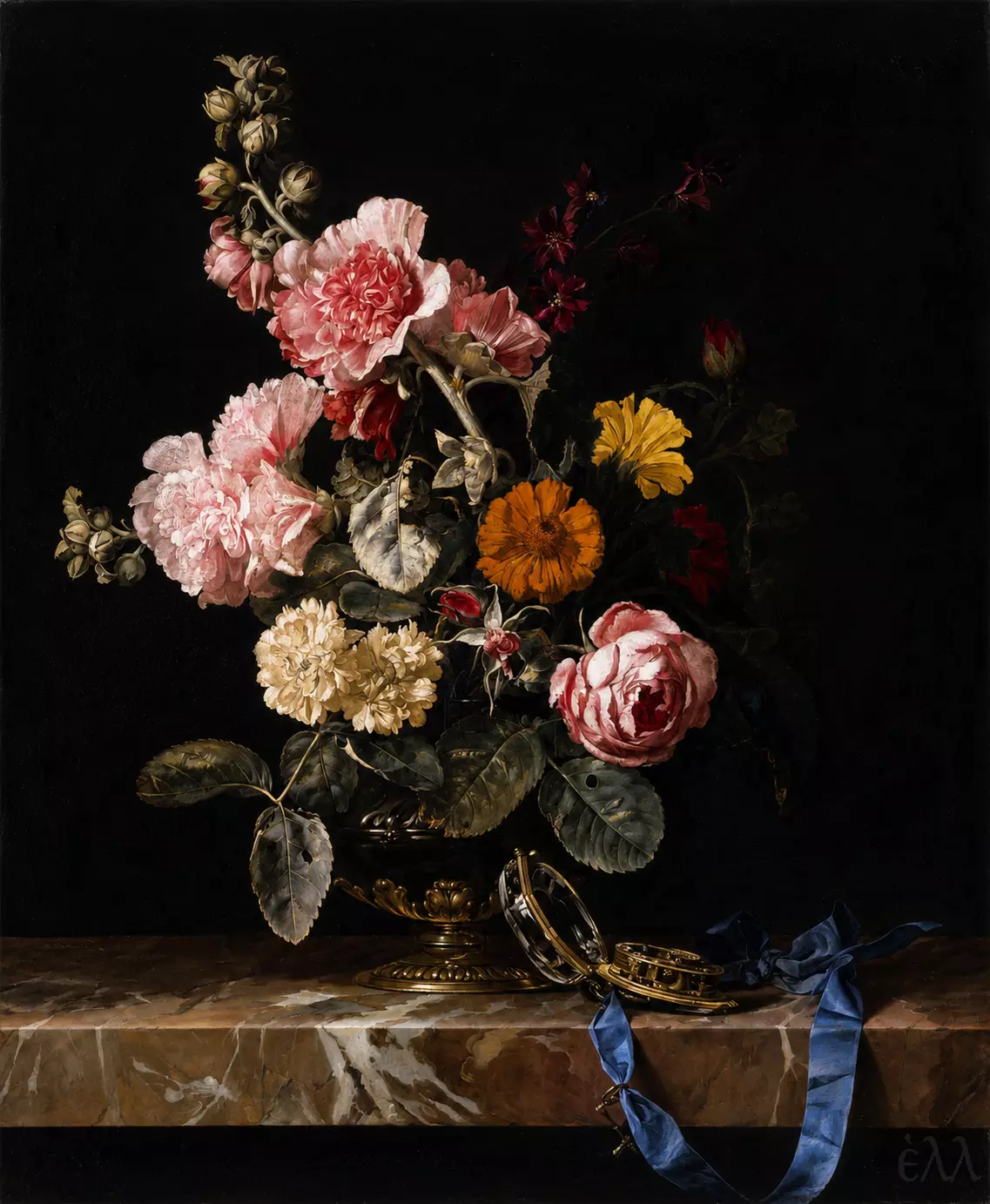 Vase Of Flowers With Pocket Watch By Willem Van Aelst, With Blue Ribbon And Marble Ledge