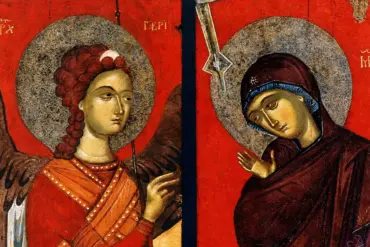 Archangel Gabriel And The Theotokos In A Detail Showing Their Faces, Raised Hands And The Descending Ray Of The Holy Spirit
