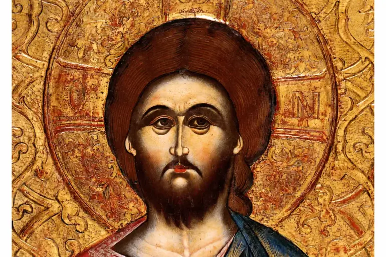 Detail Of The Christ Pantokrator Icon Showing The Pale, Linearly Modelled Face And Ornamented Cross-Inscribed Halo Bearing Ο Ω Ν