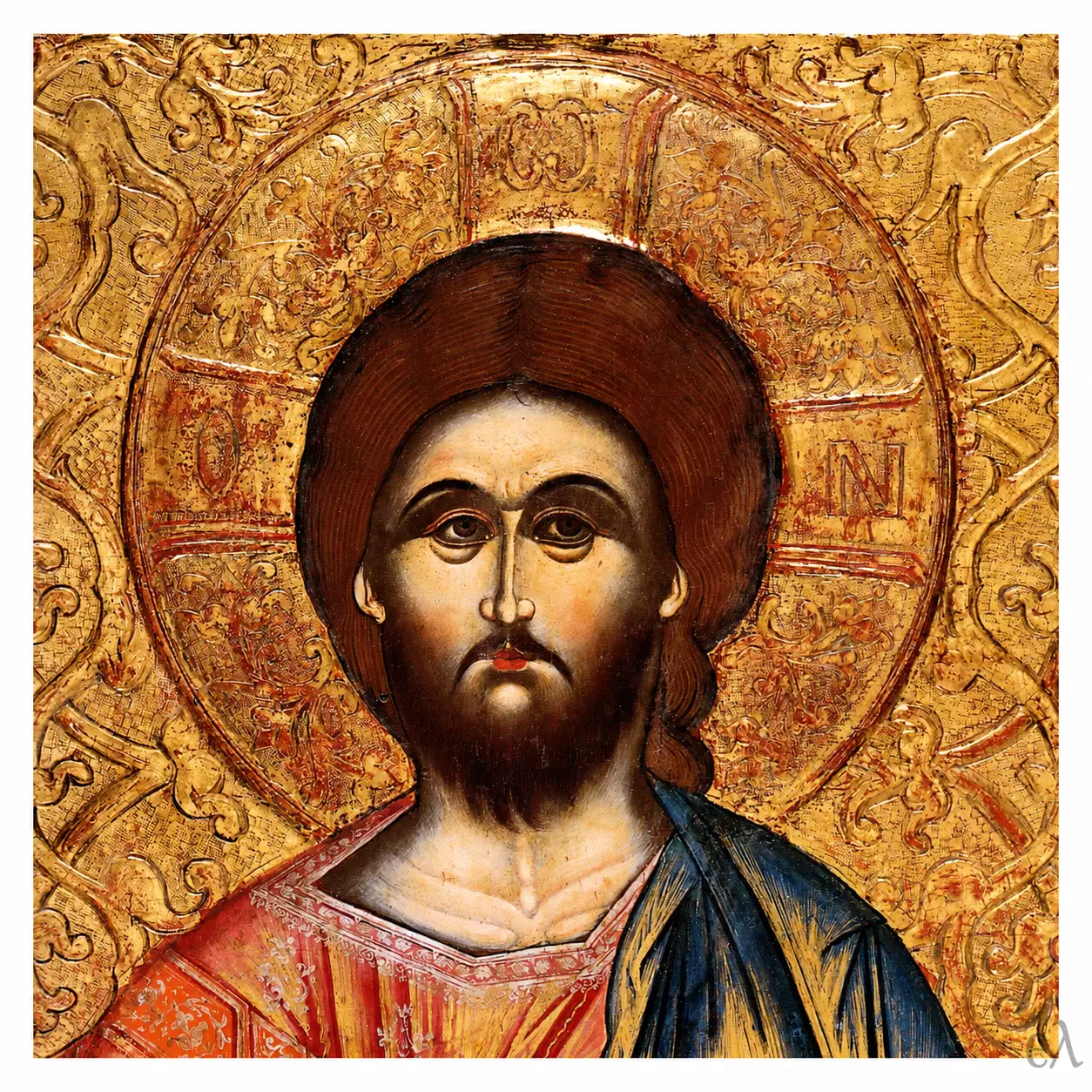 Detail Of The Christ Pantokrator Icon Showing The Pale, Linearly Modelled Face And Ornamented Cross-Inscribed Halo Bearing Ο Ω Ν