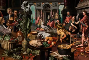 Christ In The House Of Martha And Mary By Pieter Aertsen With A Lavish Kitchen Still Life