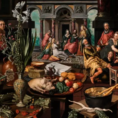 Christ In The House Of Martha And Mary By Pieter Aertsen With A Lavish Kitchen Still Life
