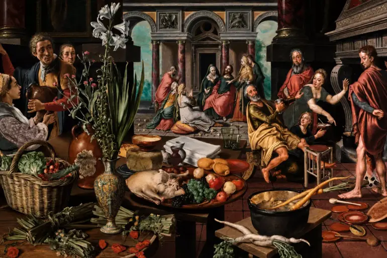 Christ In The House Of Martha And Mary By Pieter Aertsen With A Lavish Kitchen Still Life