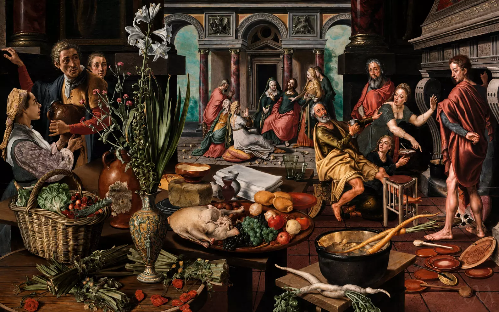 Christ In The House Of Martha And Mary By Pieter Aertsen With A Lavish Kitchen Still Life
