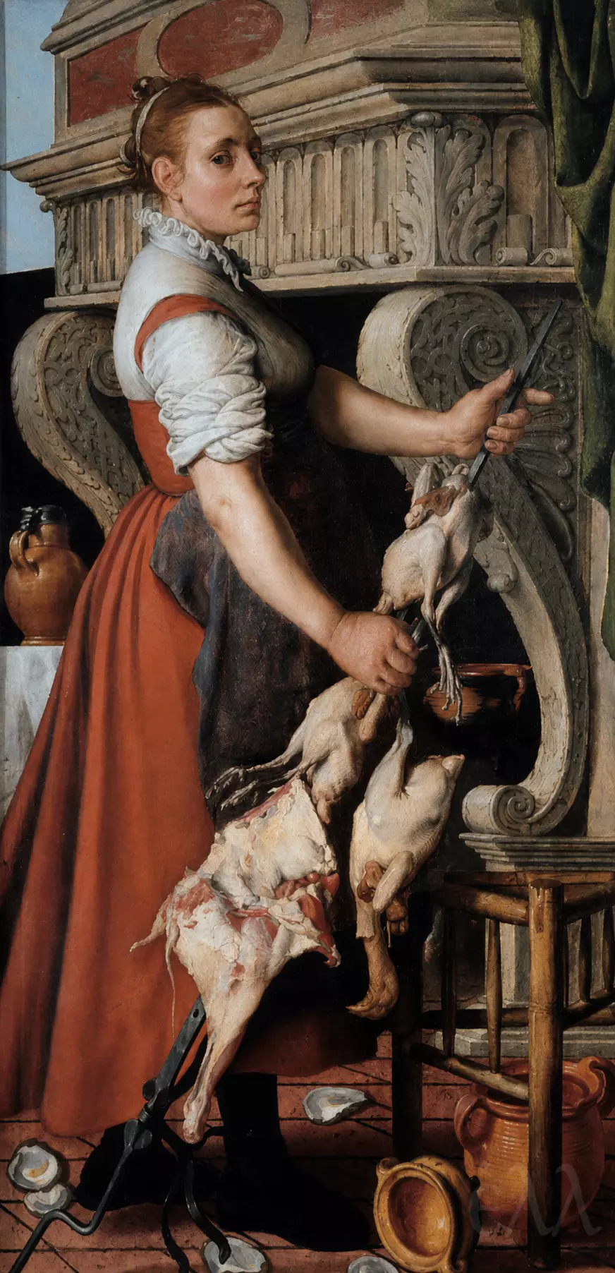 Pieter Aertsen The Cook, Full-Length Kitchen Figure Holding Poultry Before A Carved Fireplace