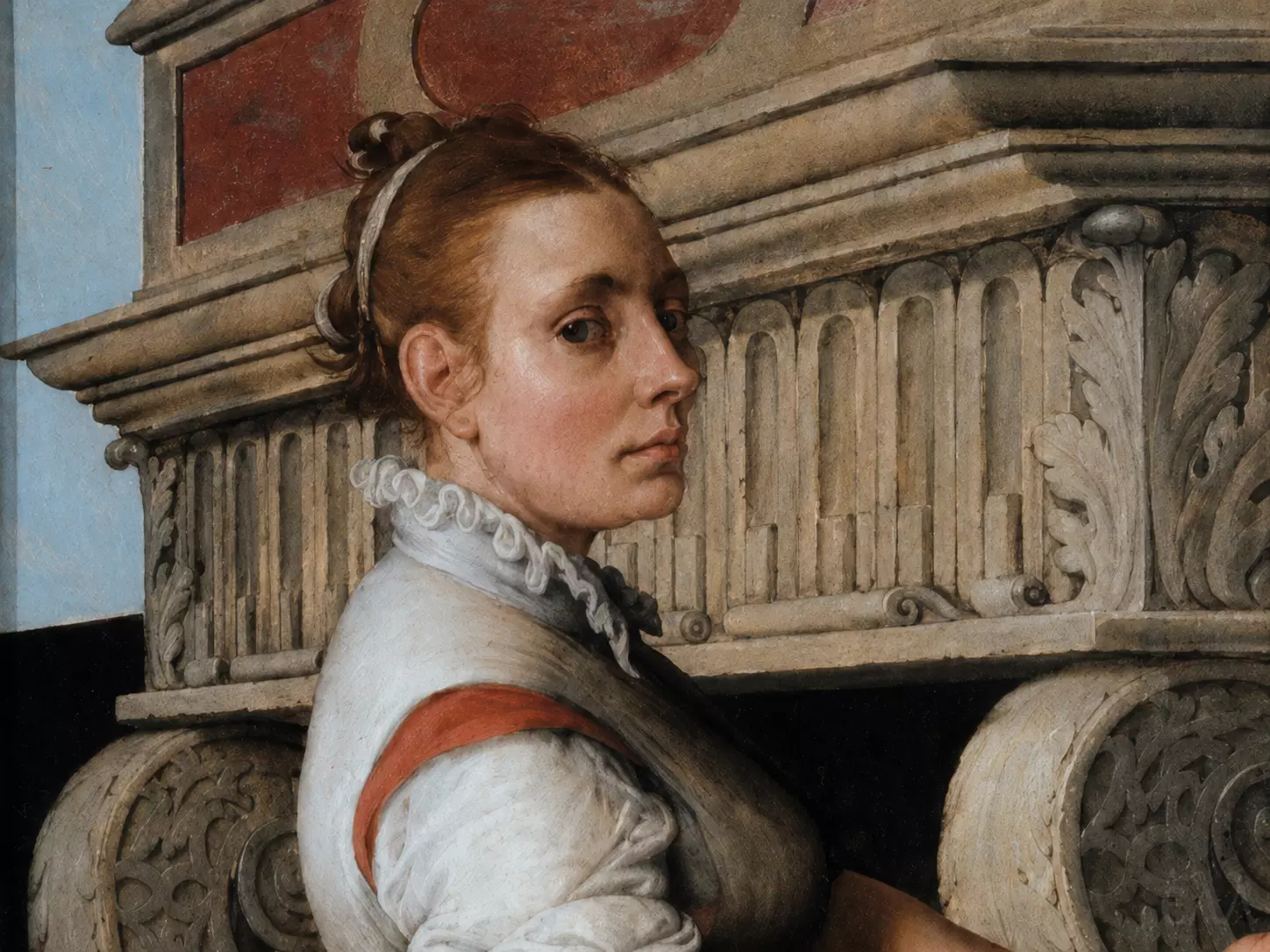 Pieter Aertsen The Cook Detail Showing The Woman’s Direct Gaze And White Ruffled Collar