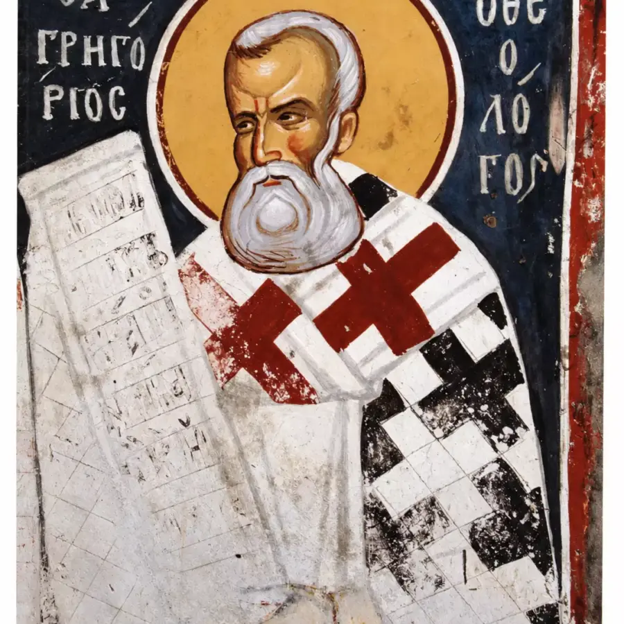 Saint Gregory The Theologian Fresco In The Sanctuary Of Ypapanti Monastery, Meteora, Holding An Inscribed Liturgical Scroll
